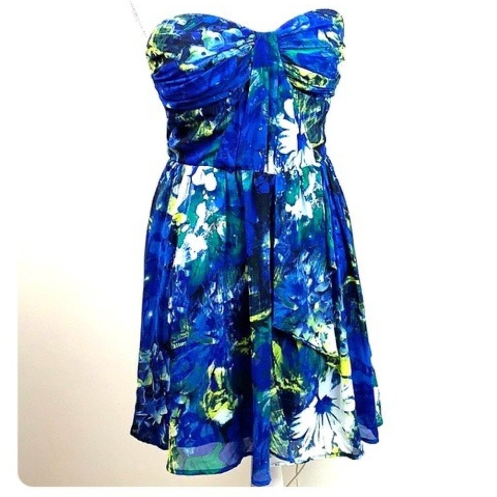 Strapless Mini Sundress. Peek-a-Boo Cutouts on Back. Blue Floral Print. Fitted.